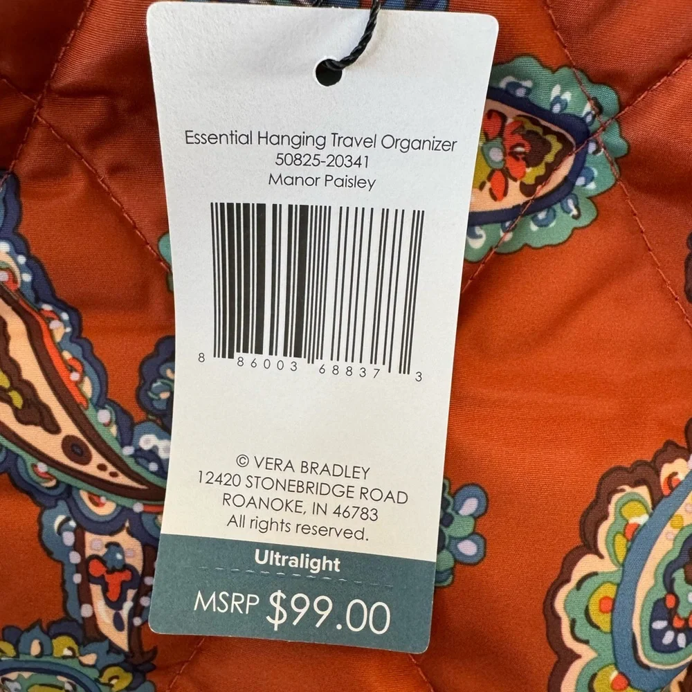 New Vera Bradley Ultralight Essential Hanging Travel Organizer Manor Paisley
